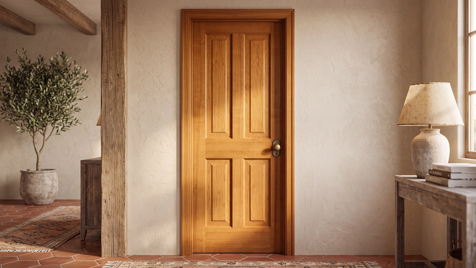 Classic 4-Panel Solid Alder interior door finished in Golden Wheat Alder in a modern Japandi setting