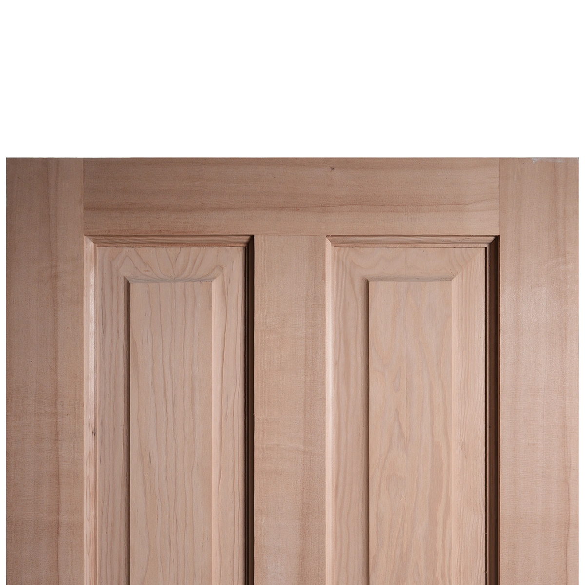 Upper rail and perimeter stile joint detail of unfinished 4-panel solid Alder door