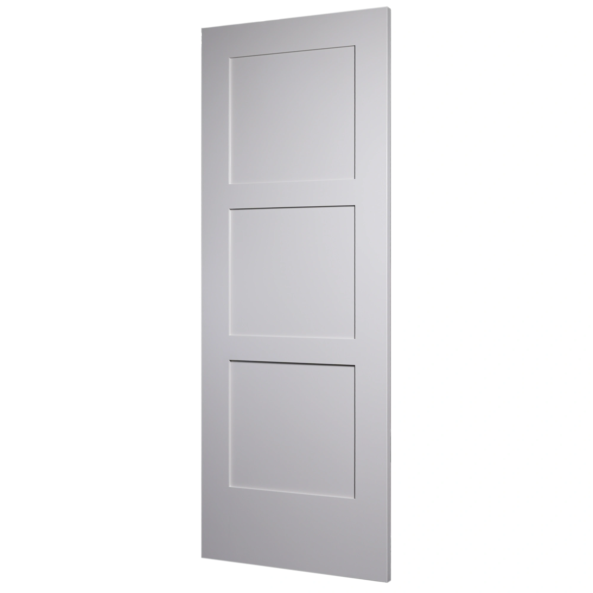 30-degree profile view of Classic Equal 3-Panel Shaker slab door in Zurich White