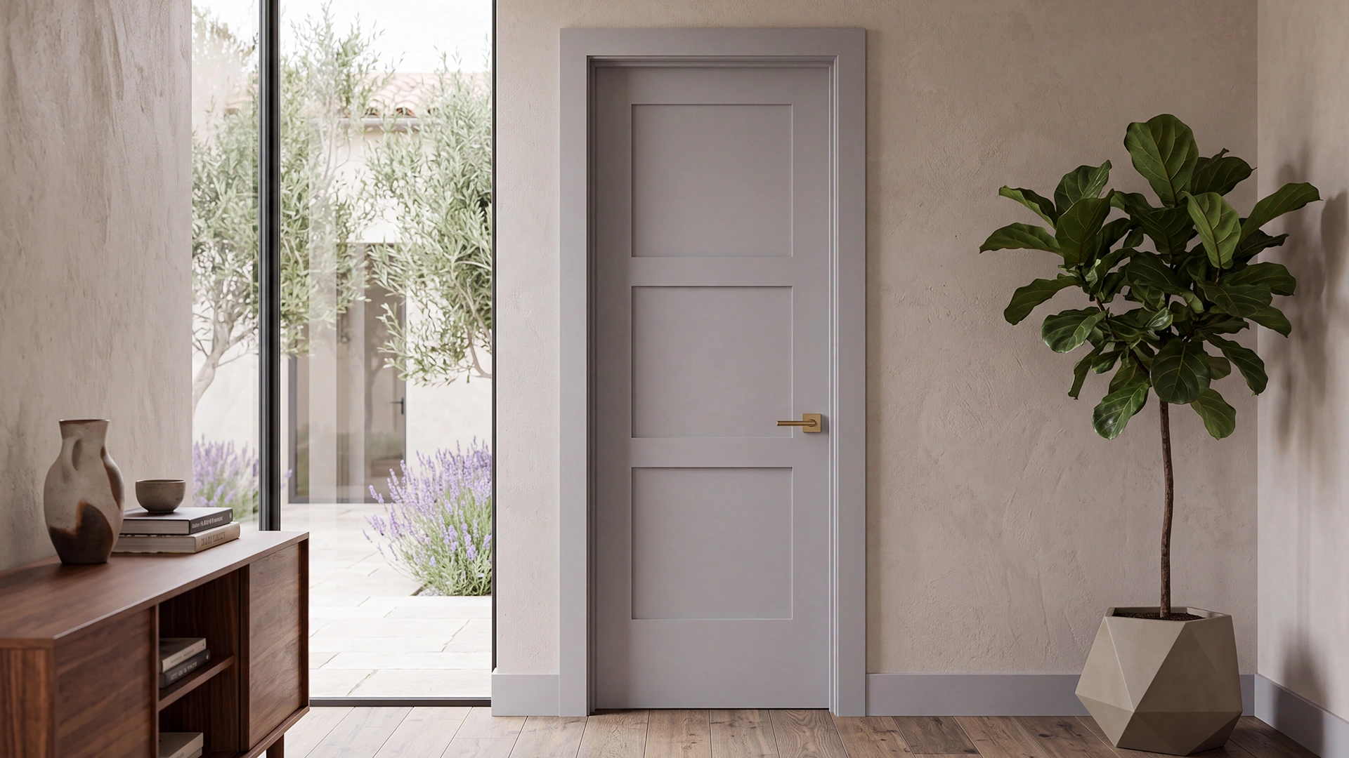 Classic Equal 3-Panel Shaker interior door in Zurich White installed in an airy Crate and Barrel style dining room