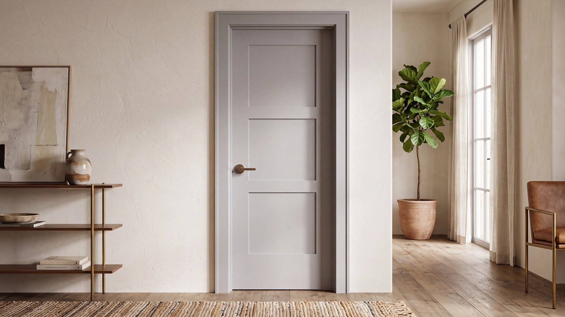 Classic Equal 3-Panel Shaker interior door in Zurich White styled in a warm West Elm aesthetic living room