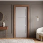 Classic Equal 3-Panel Shaker door in Zurich White framed by natural White Oak jamb in modern hallway