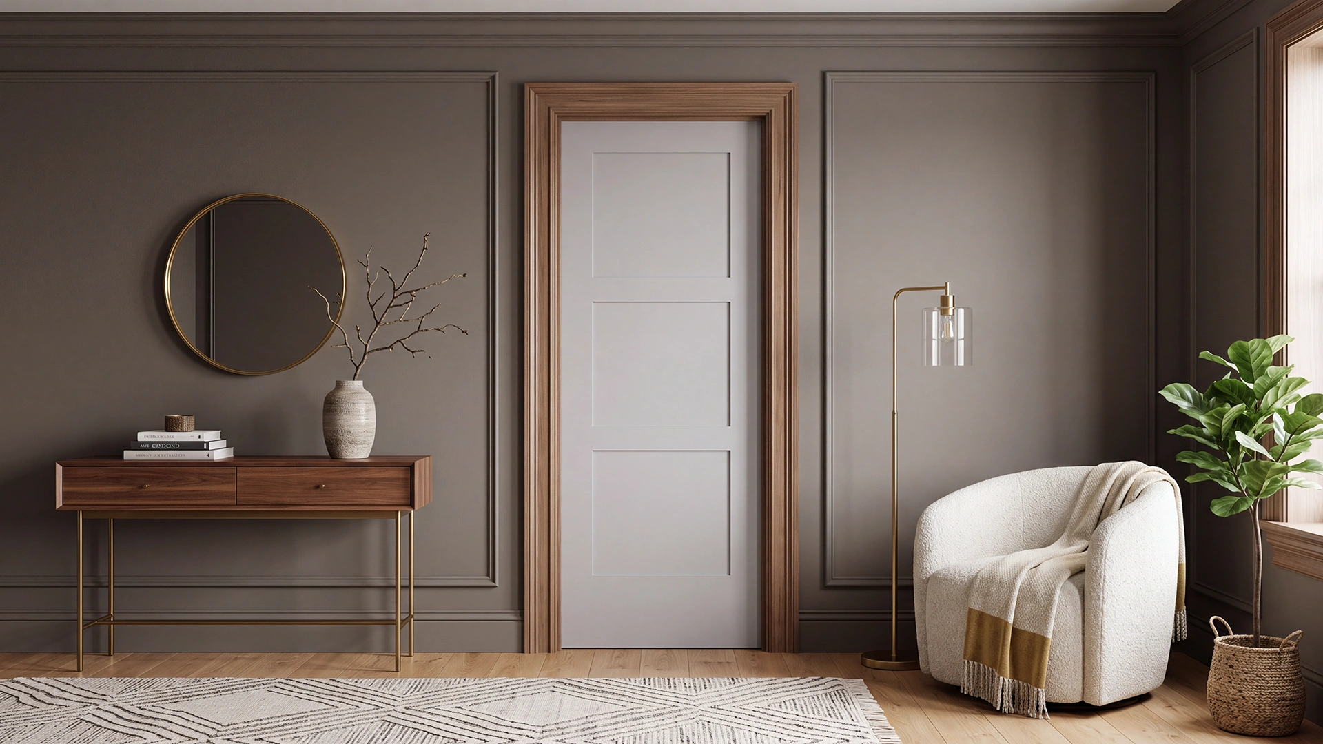 Classic Equal 3-Panel Shaker door in Zurich White framed by natural White Oak jamb in modern hallway