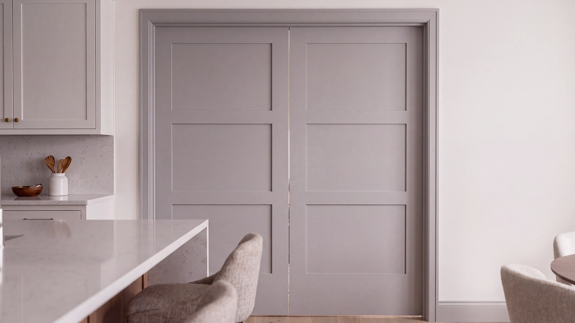 Classic Equal 3-Panel Shaker double interior doors shown in closed position within a modern transitional dining room