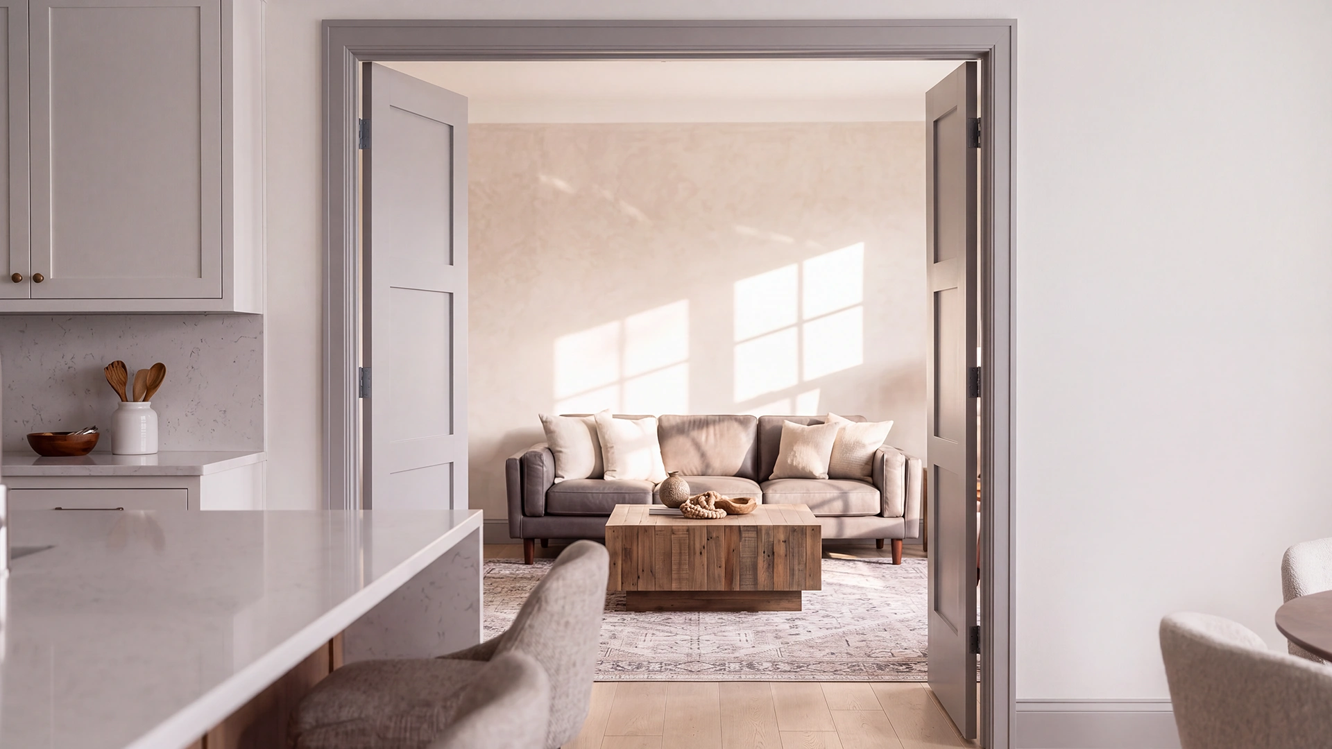 Classic Equal 3-Panel Shaker double interior doors shown wide open connecting master suite and study