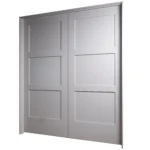 30-degree profile view of Equal 3-Panel Shaker double interior door pair in Zurich White