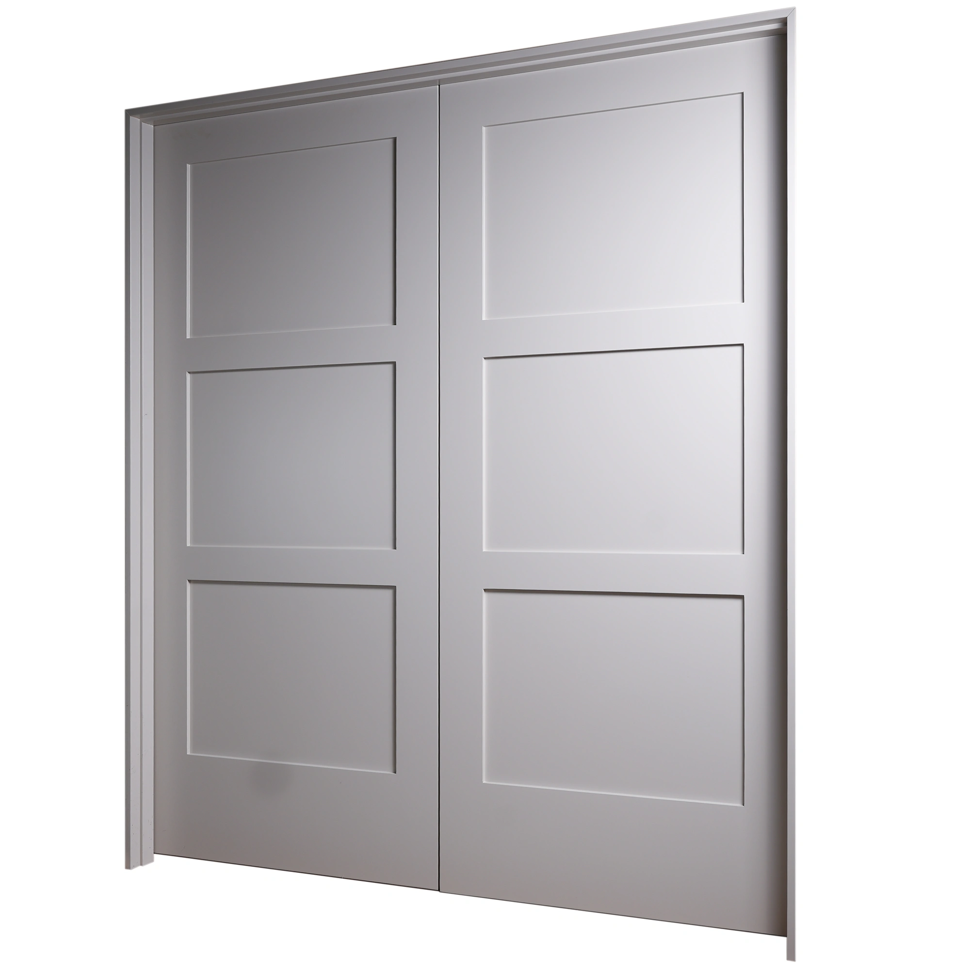 30-degree profile view of Equal 3-Panel Shaker double interior door pair in Zurich White
