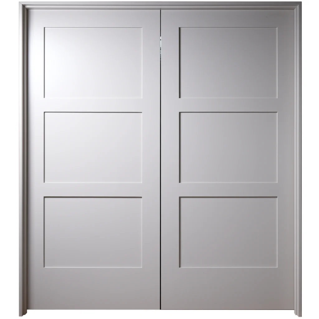 Front elevation of Classic Equal 3-Panel Shaker double interior doors in SW 7626 Zurich White finish