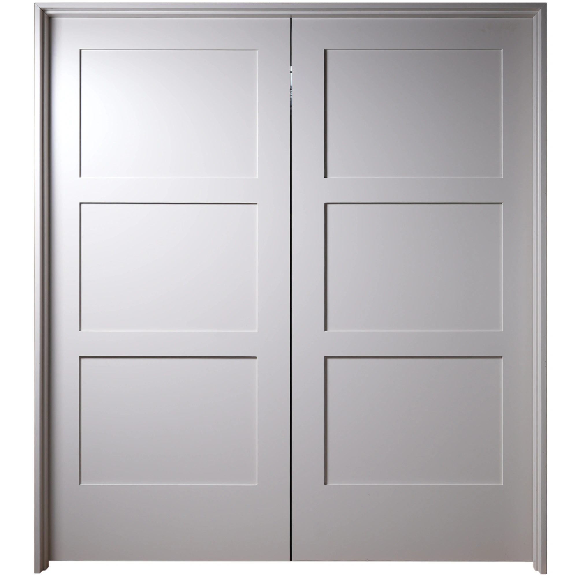Front elevation of Classic Equal 3-Panel Shaker double interior doors in SW 7626 Zurich White finish