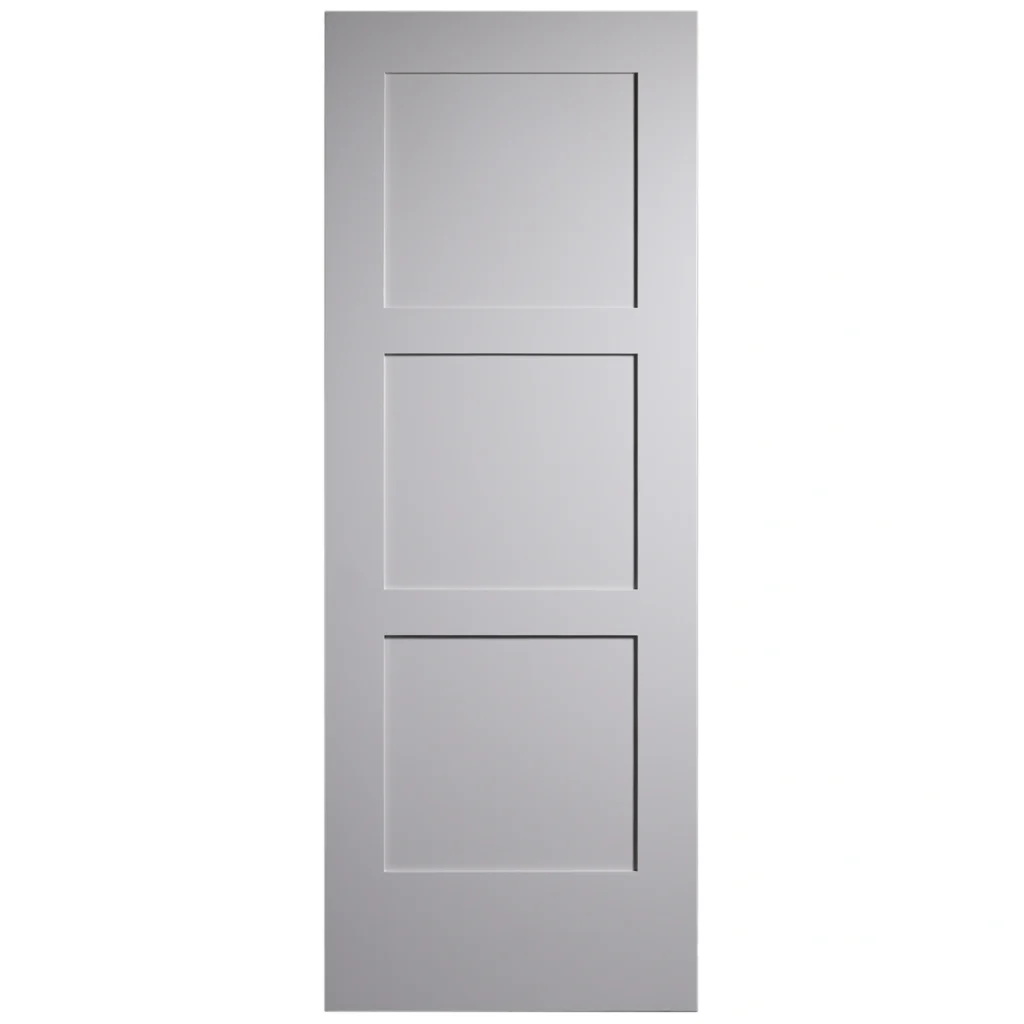 Front elevation of Classic Equal 3-Panel Shaker interior slab door in SW 7626 Zurich White finish