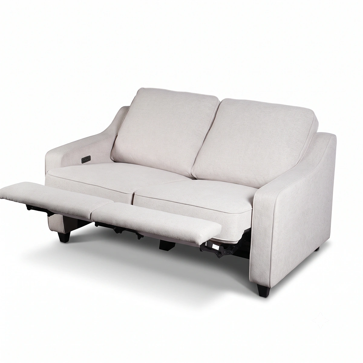 30-degree three-quarter view of small space fabric power reclining sofa fully extended.