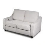 Three-quarter 30-degree side profile of 63-inch fabric power recliner couch closed.