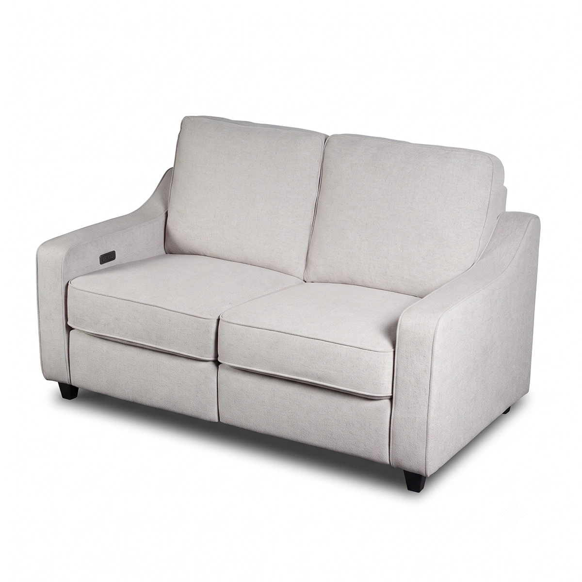 Three-quarter 30-degree side profile of 63-inch fabric power recliner couch closed.