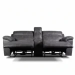 Devon slate grey power reclining loveseat with dual footrests fully extended, front view.