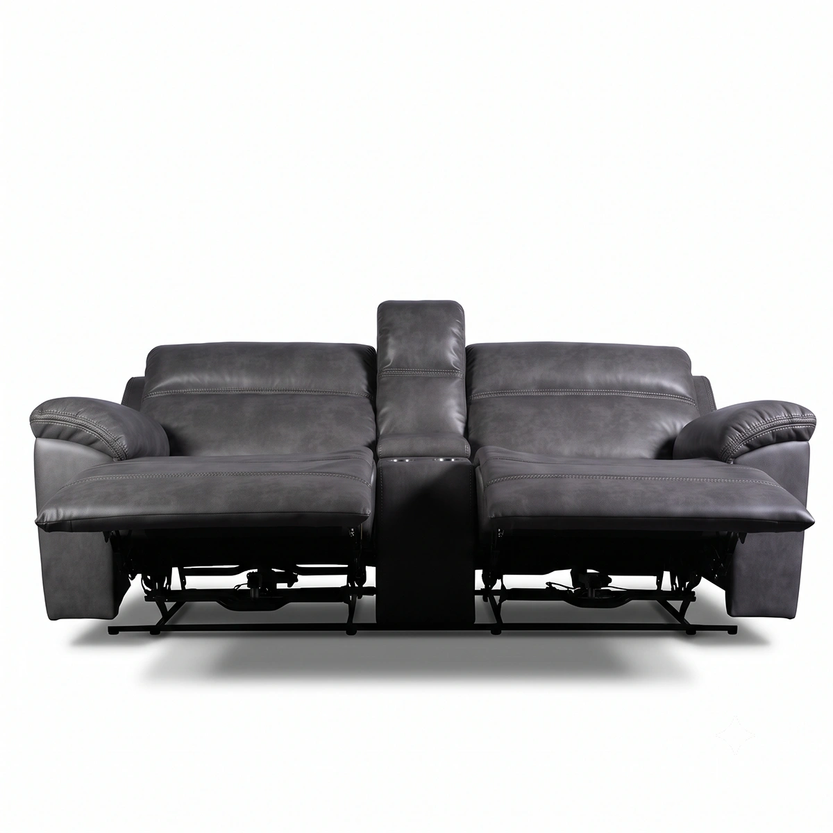 Devon slate grey power reclining loveseat with dual footrests fully extended, front view.