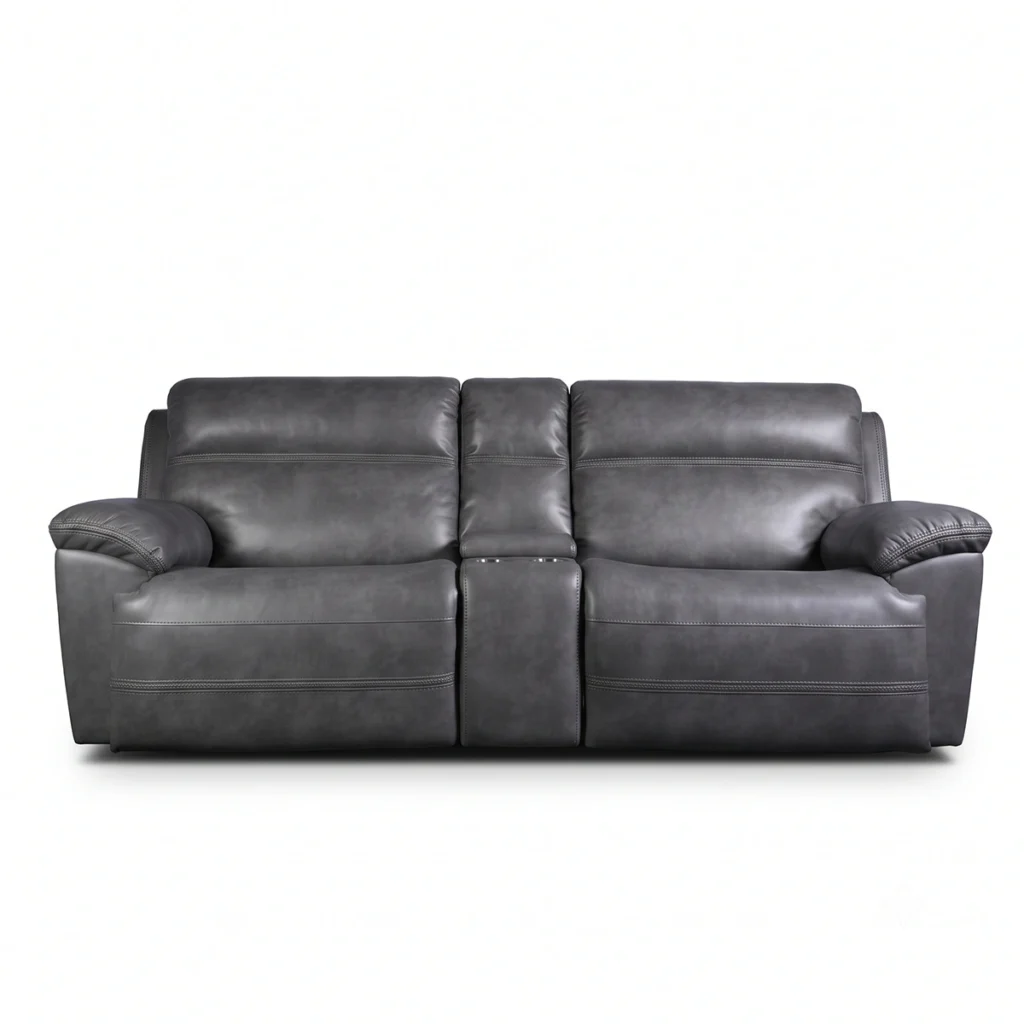 Devon 96 inch power reclining console loveseat in slate grey faux leather, front view upright.