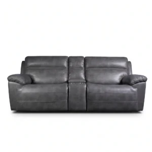 Devon 96 inch power reclining console loveseat in slate grey faux leather, front view upright.