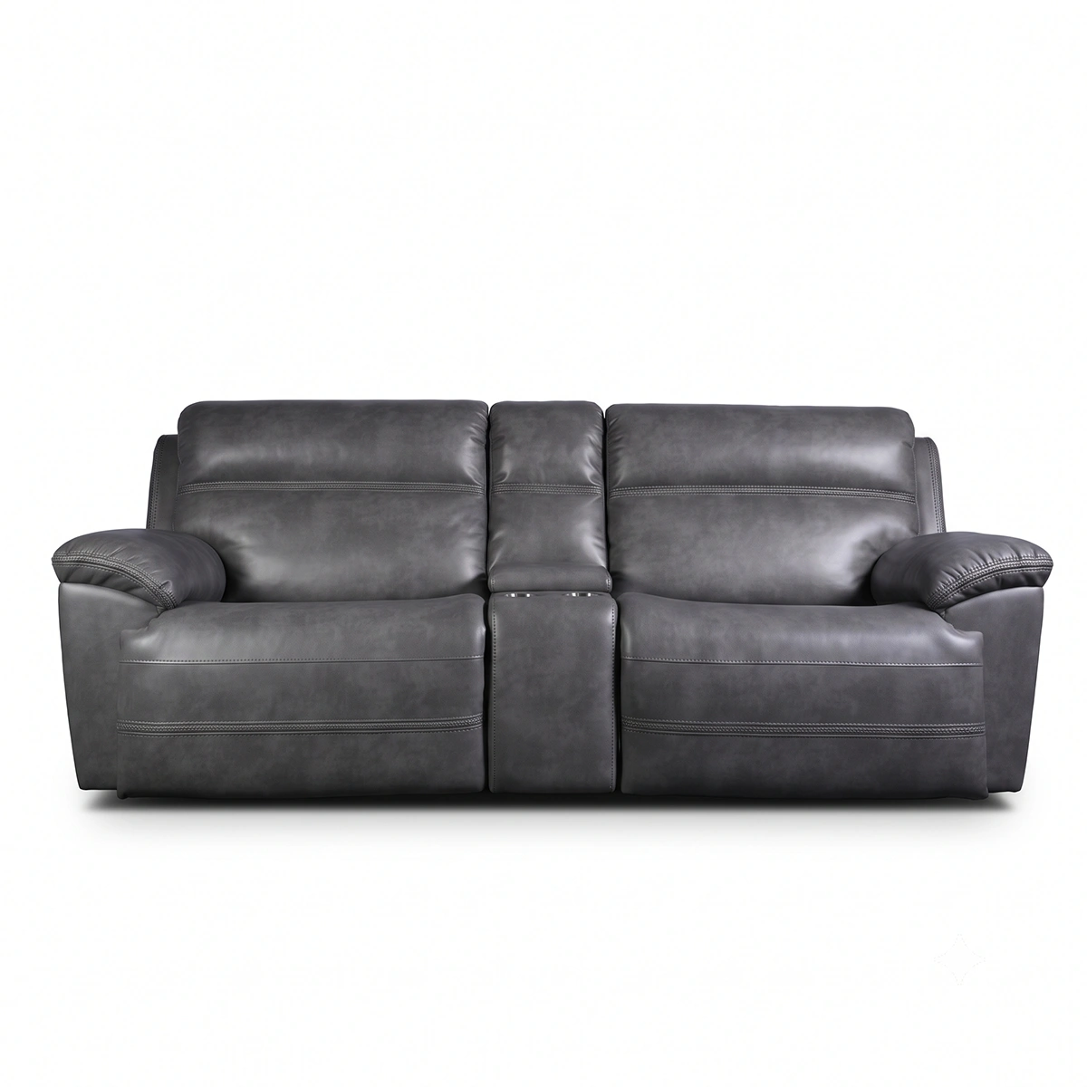 Devon 96 inch power reclining console loveseat in slate grey faux leather, front view upright.