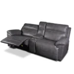 Devon power console loveseat at 30-degree angle with left seat reclined and right seat upright.