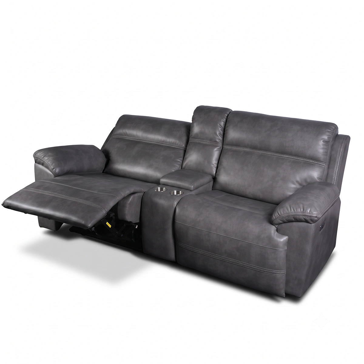 Devon power console loveseat at 30-degree angle with left seat reclined and right seat upright.