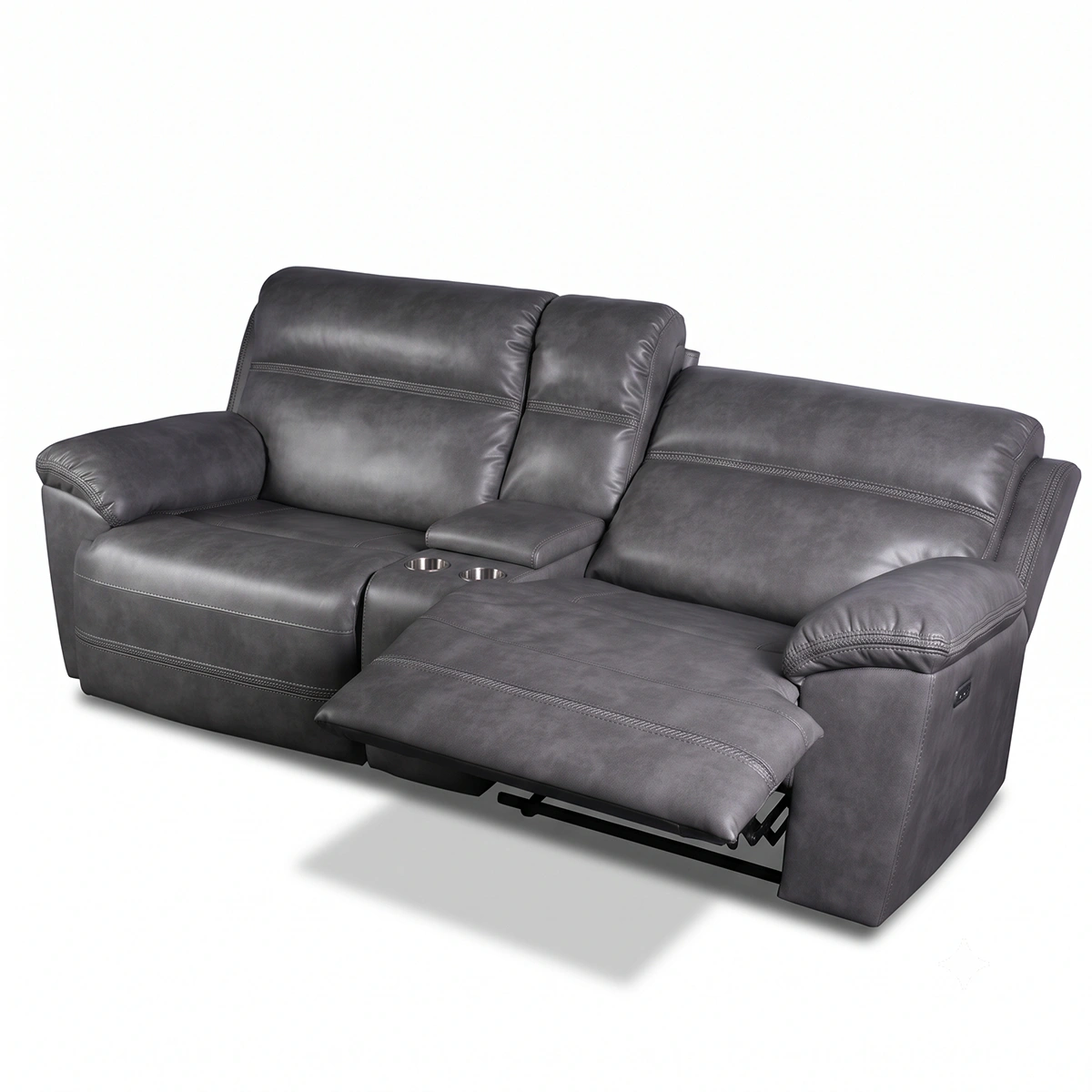 Devon power console loveseat at 30-degree angle with right seat reclined and left seat upright.