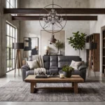 3D lifestyle rendering of Devon power reclining loveseat in a moody, monolithic Restoration Hardware style living room.