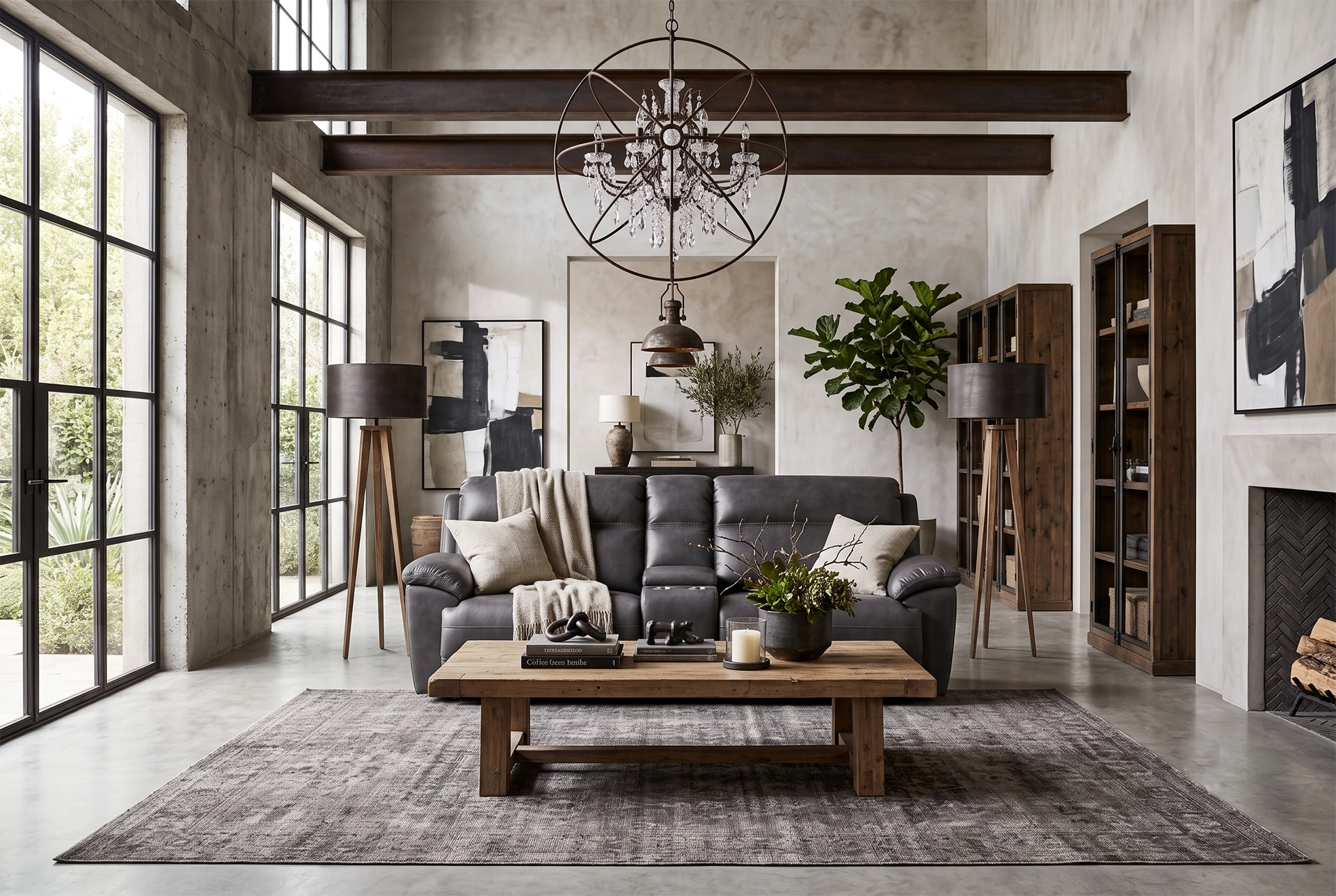 3D lifestyle rendering of Devon power reclining loveseat in a moody, monolithic Restoration Hardware style living room.