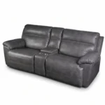 Three-quarter 30-degree side angle view of Devon power reclining loveseat in closed position.