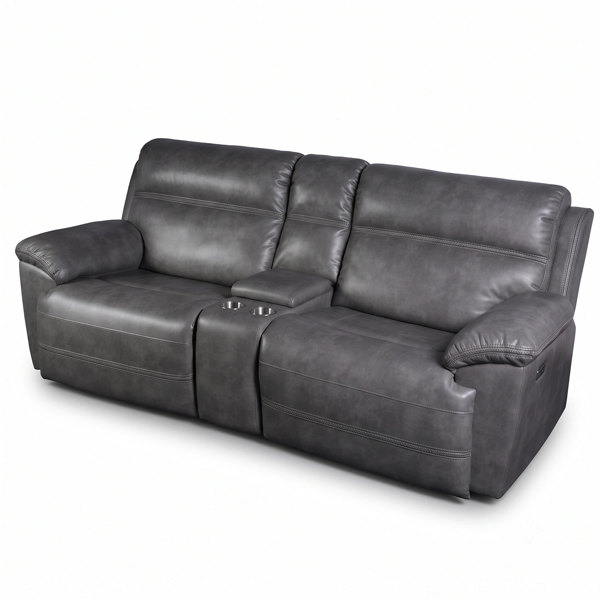 Three-quarter 30-degree side angle view of Devon power reclining loveseat in closed position.
