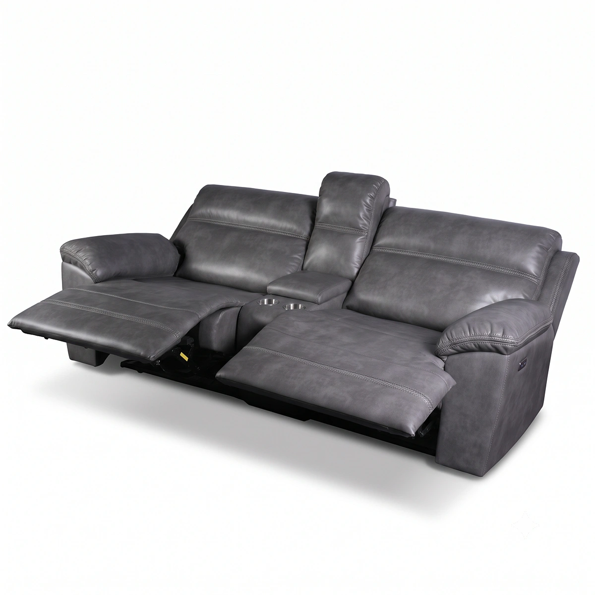 30-degree side angle of Devon slate grey power recliner sofa with both seats fully reclined.