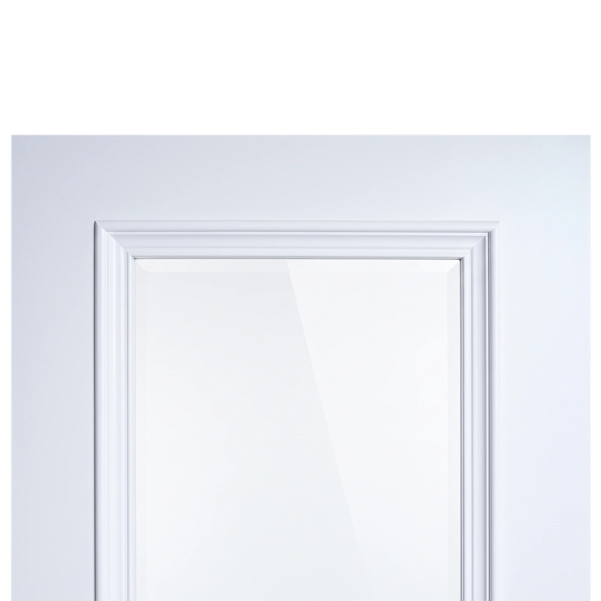 Upper rail and mitered bolection moulding corner joint on Dover White Full-Lite door