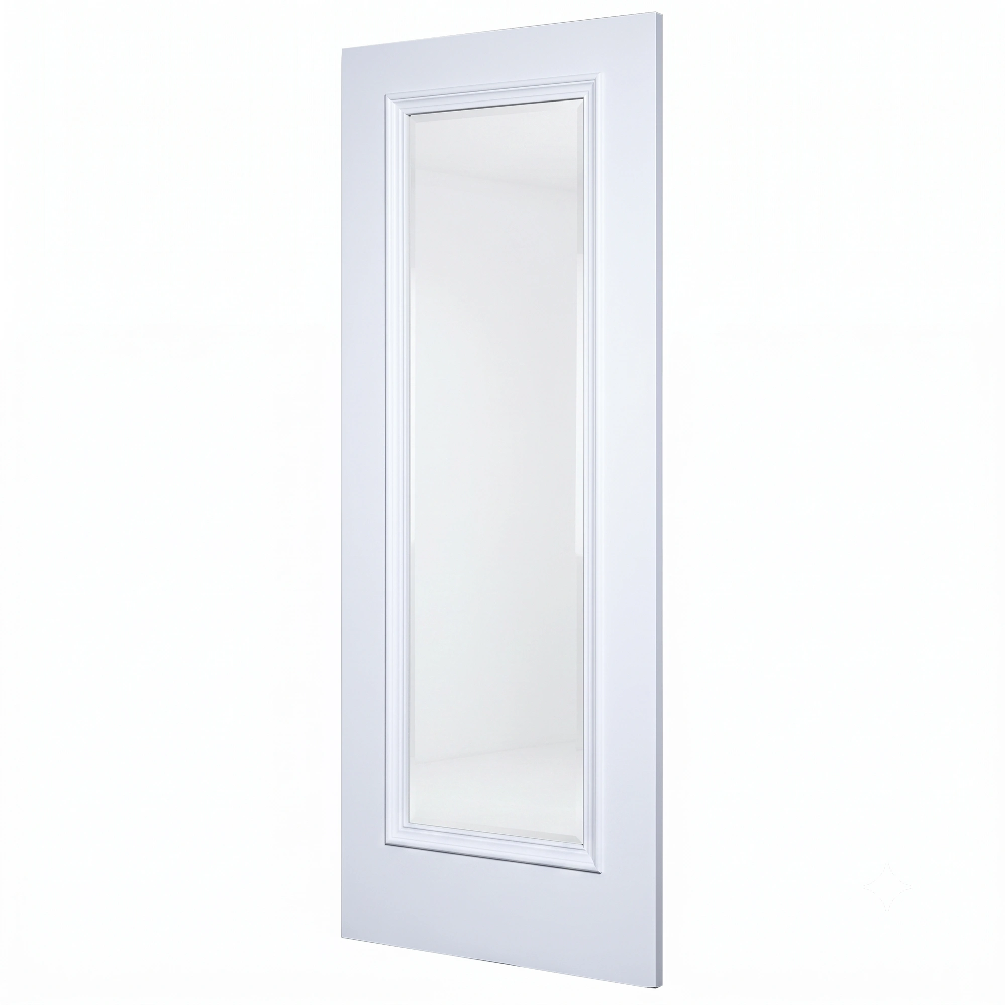 30-degree profile view of Full-Lite French door slab with bolection moulding in Dover White