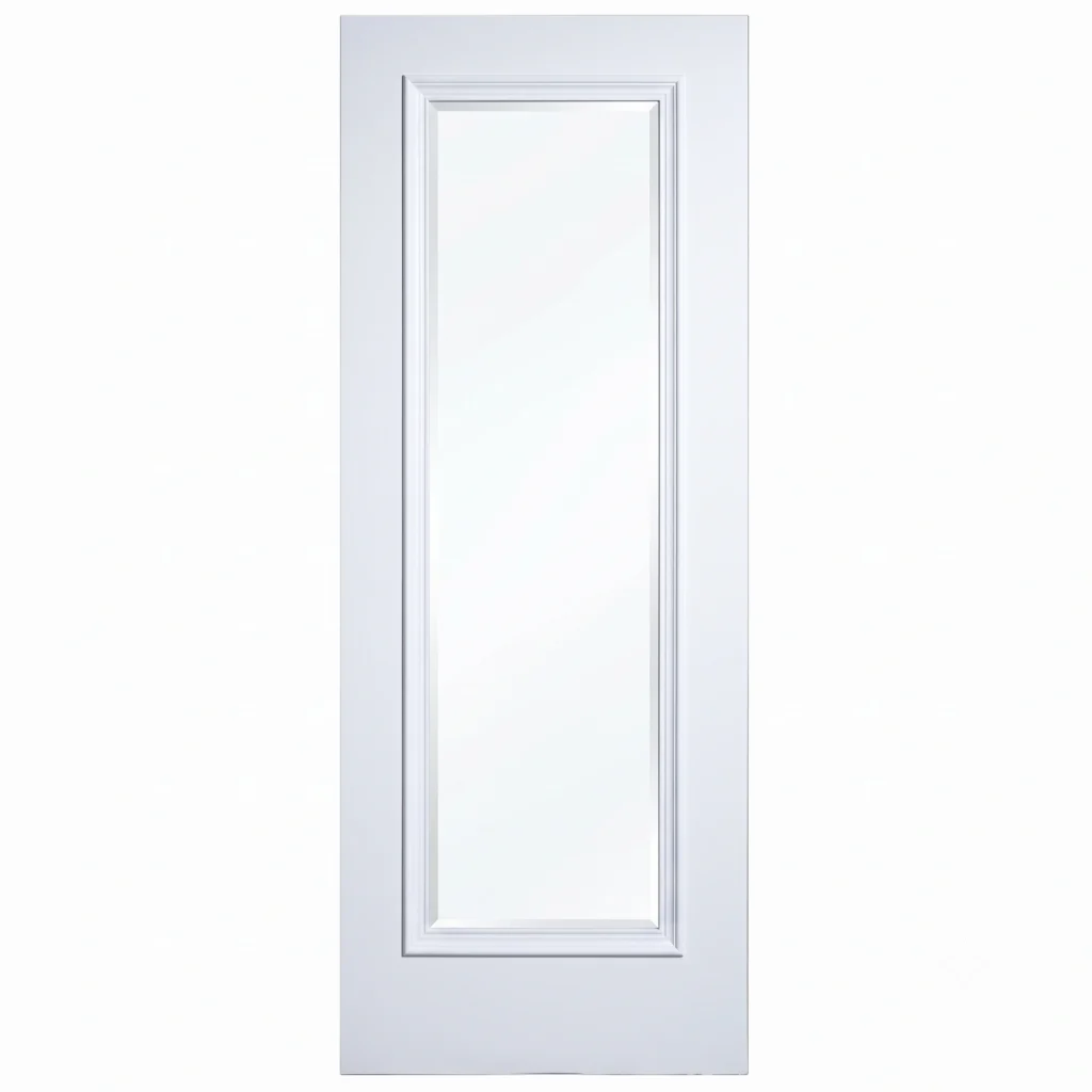 Front elevation of Full-Lite French interior door with bolection moulding in smooth Dover White finish