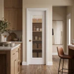 Full-Lite French interior door with bolection moulding in Dover White installed in an elegant transitional sunroom transition