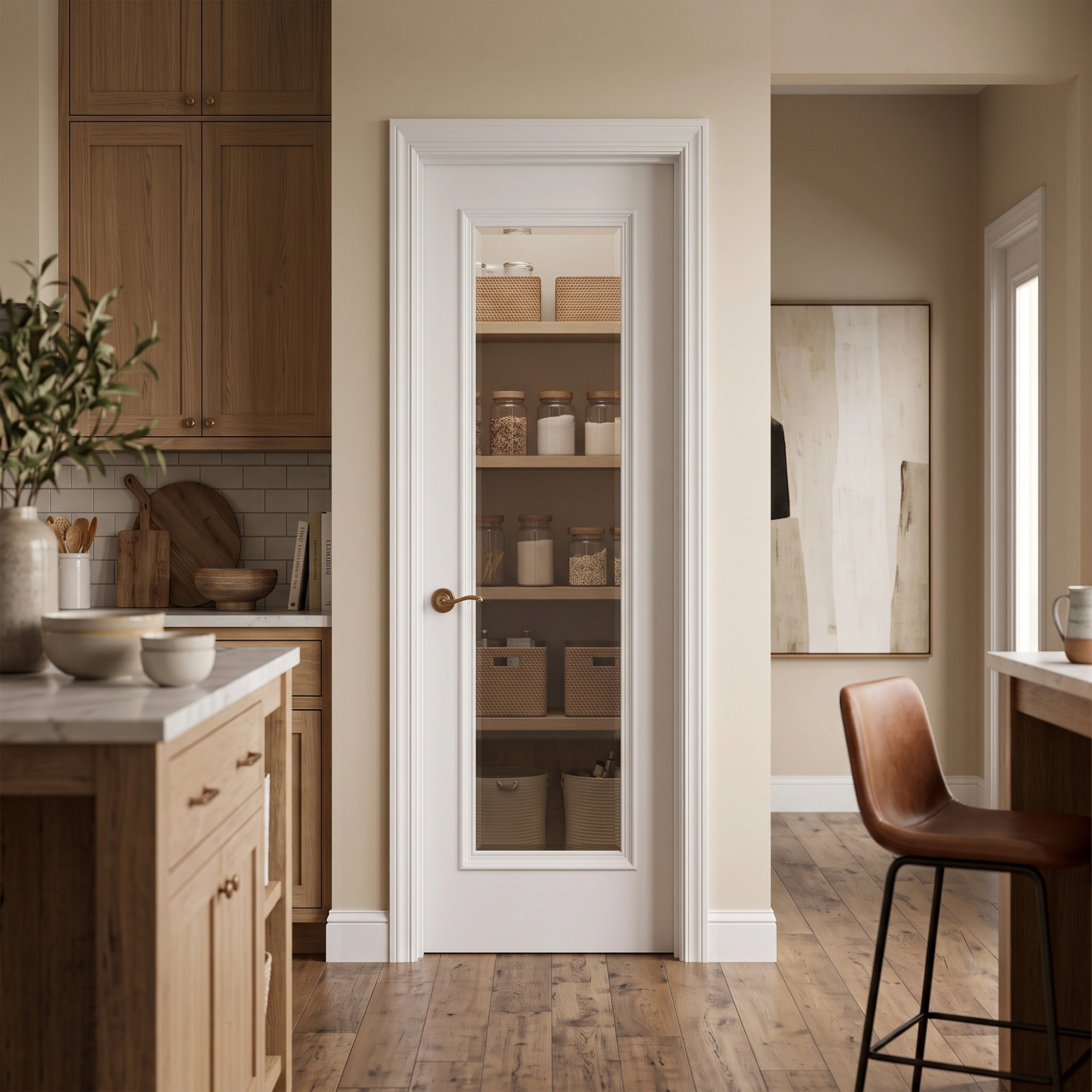 Full-Lite French interior door with bolection moulding in Dover White installed in an elegant transitional sunroom transition