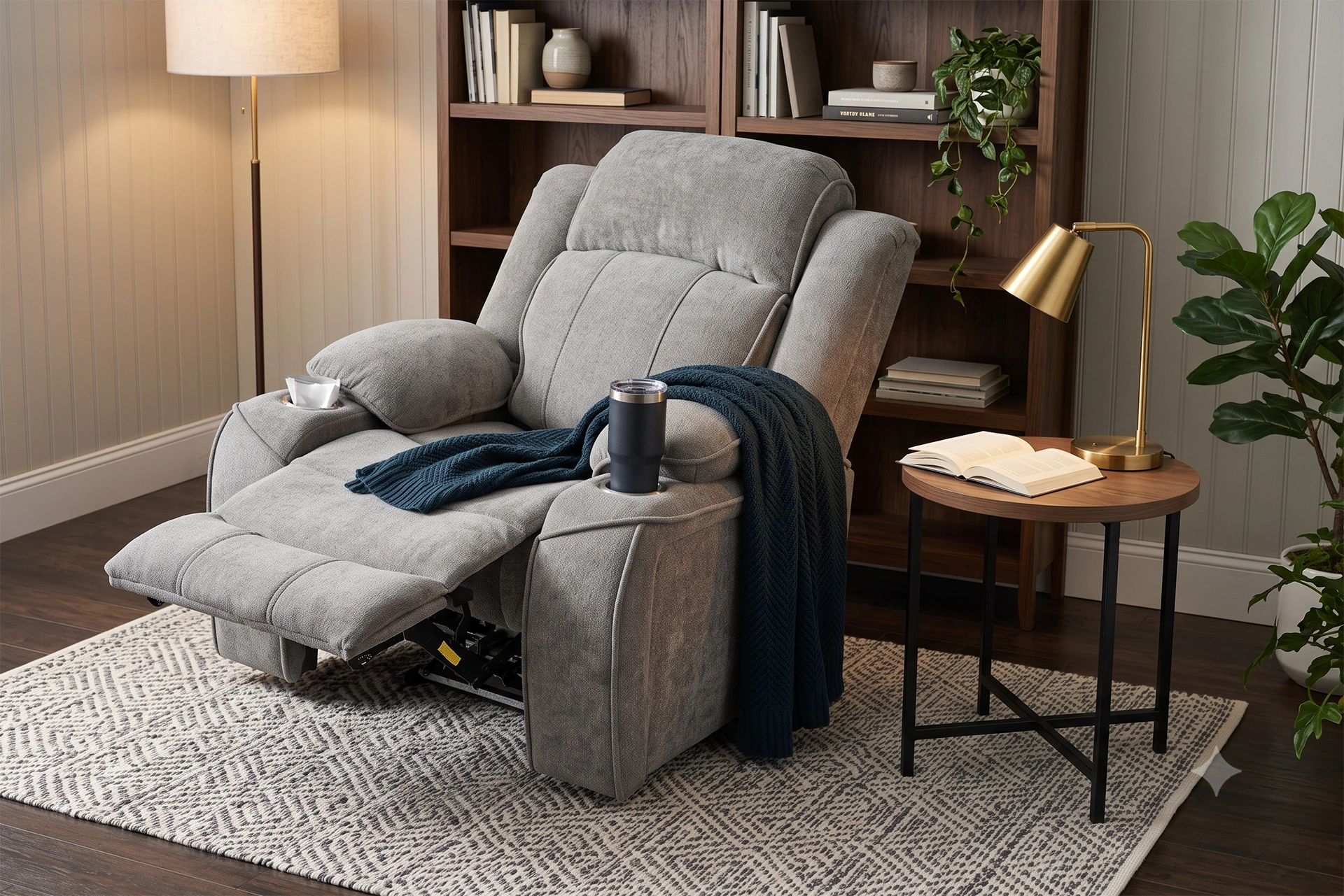 3D lifestyle rendering of Garrison charcoal grey power recliner in a modern home theater media room.
