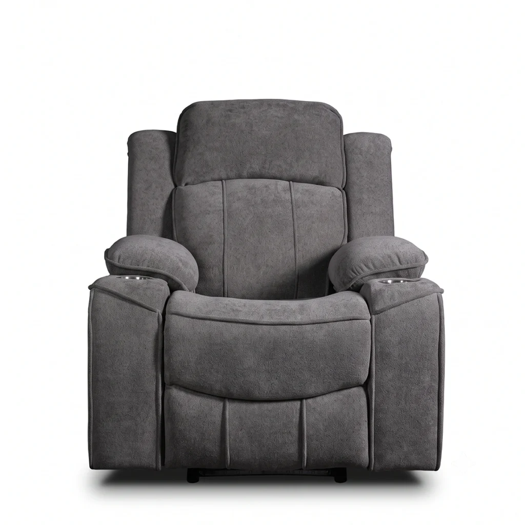 Garrison 37 inch power recliner with integrated cup holders in charcoal grey, front view upright.