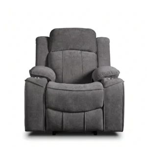 Garrison 37 inch power recliner with integrated cup holders in charcoal grey, front view upright.