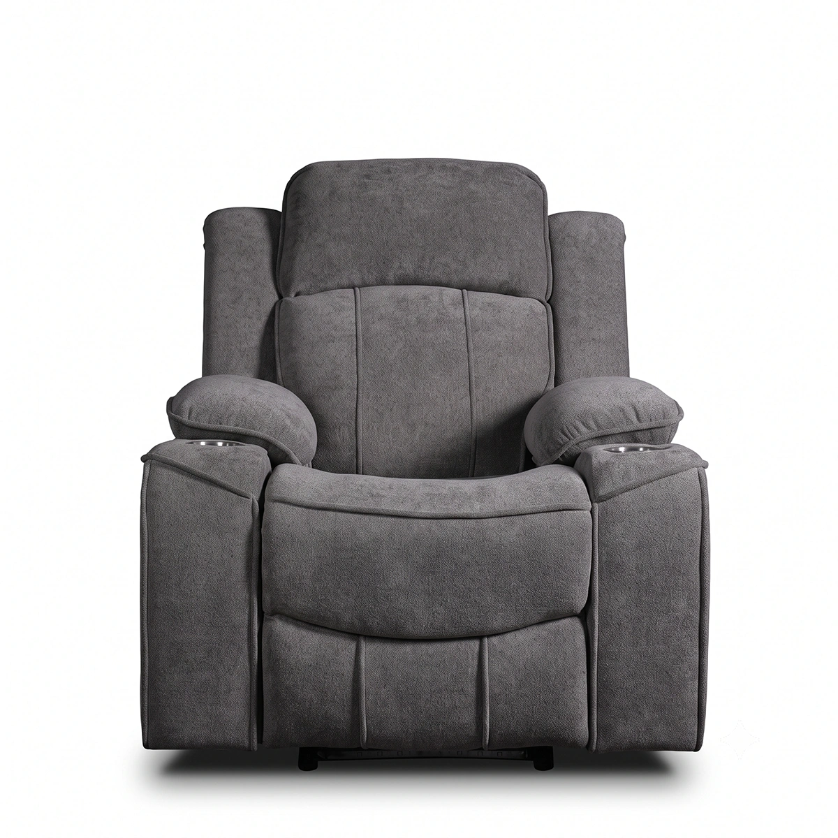 Garrison 37 inch power recliner with integrated cup holders in charcoal grey, front view upright.