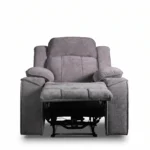 Garrison power recliner armchair with motorized footrest extended, front view.