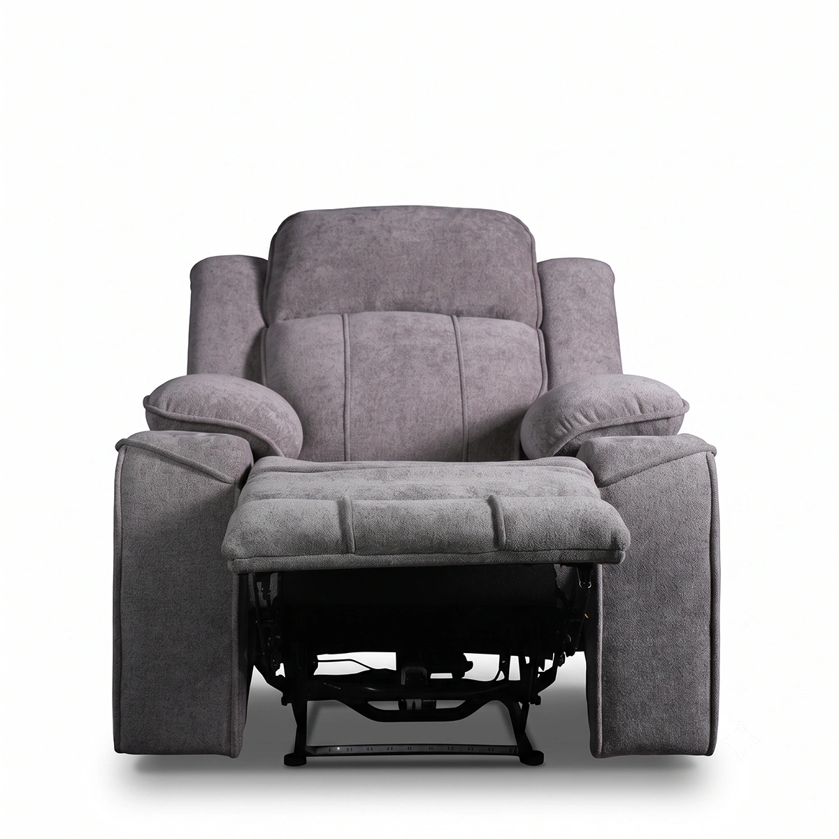 Garrison power recliner armchair with motorized footrest extended, front view.