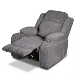 30-degree side angle of Garrison power recliner chair in full lounge recline position.