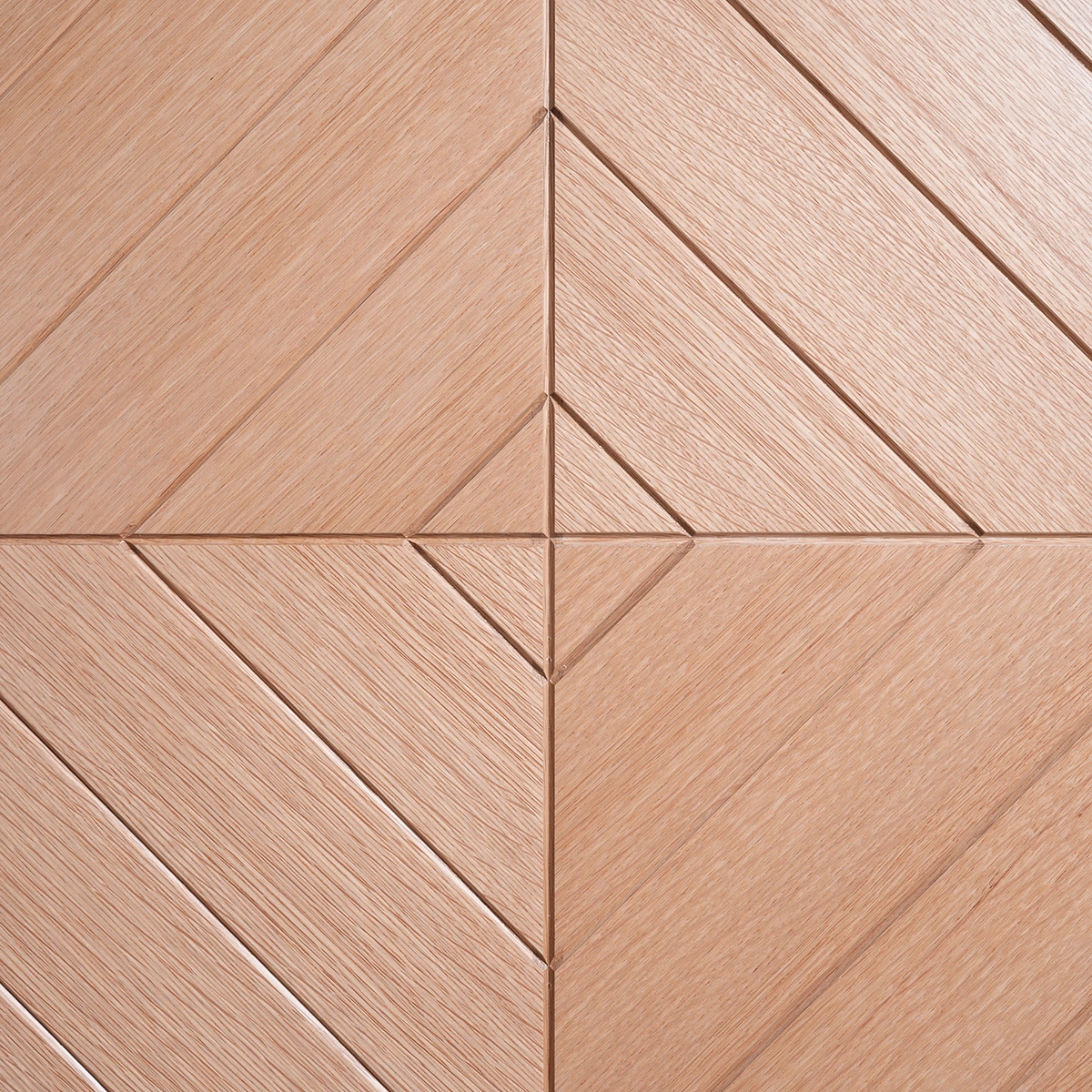 Macro close-up of center quad-veneer intersection seam on Diamond-Matched Oak door