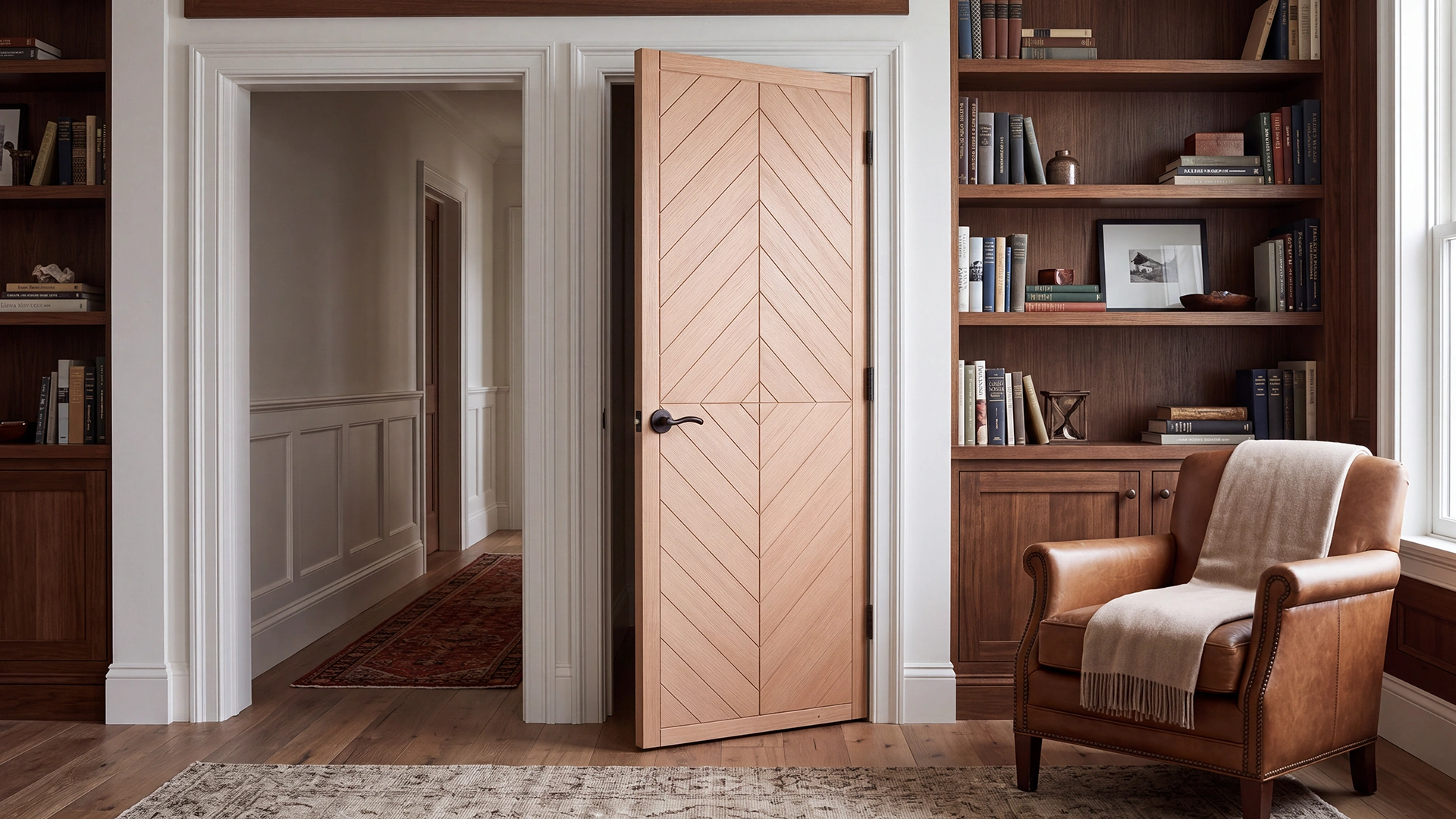 Geometric Diamond-Matched Oak interior slab door installed in a luxury modern primary suite