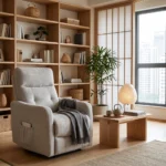 3D lifestyle rendering of Kyoto 28-inch slim light grey power recliner in a modern Japandi minimalist living room.