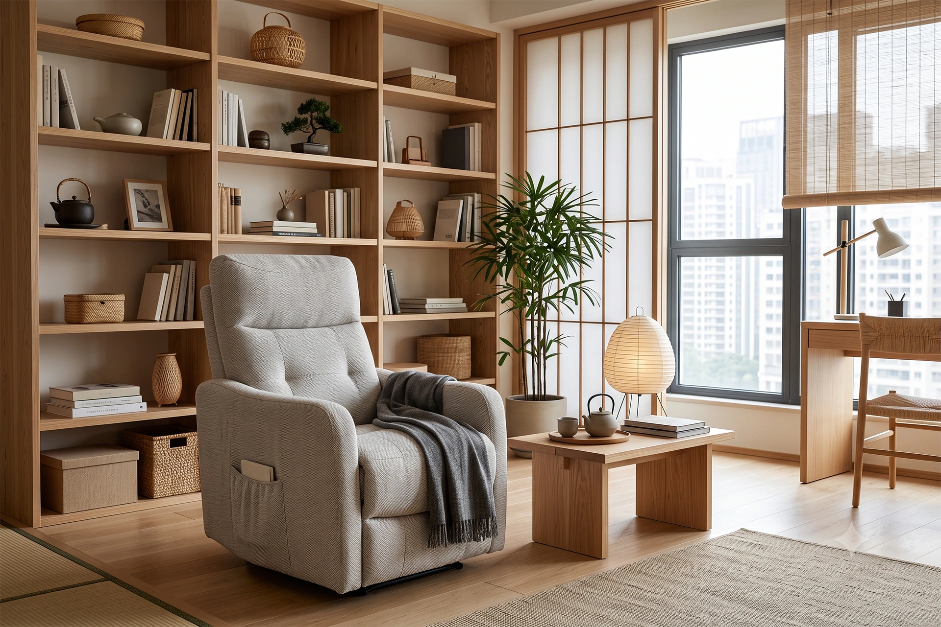 3D lifestyle rendering of Kyoto 28-inch slim light grey power recliner in a modern Japandi minimalist living room.