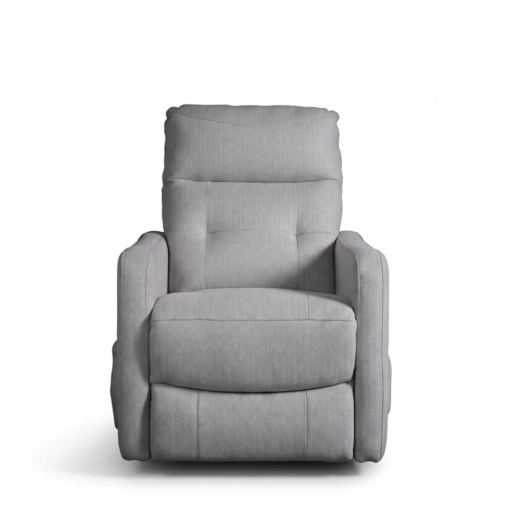 Kyoto 28-inch slim modern power recliner in light grey herringbone fabric, front view upright.