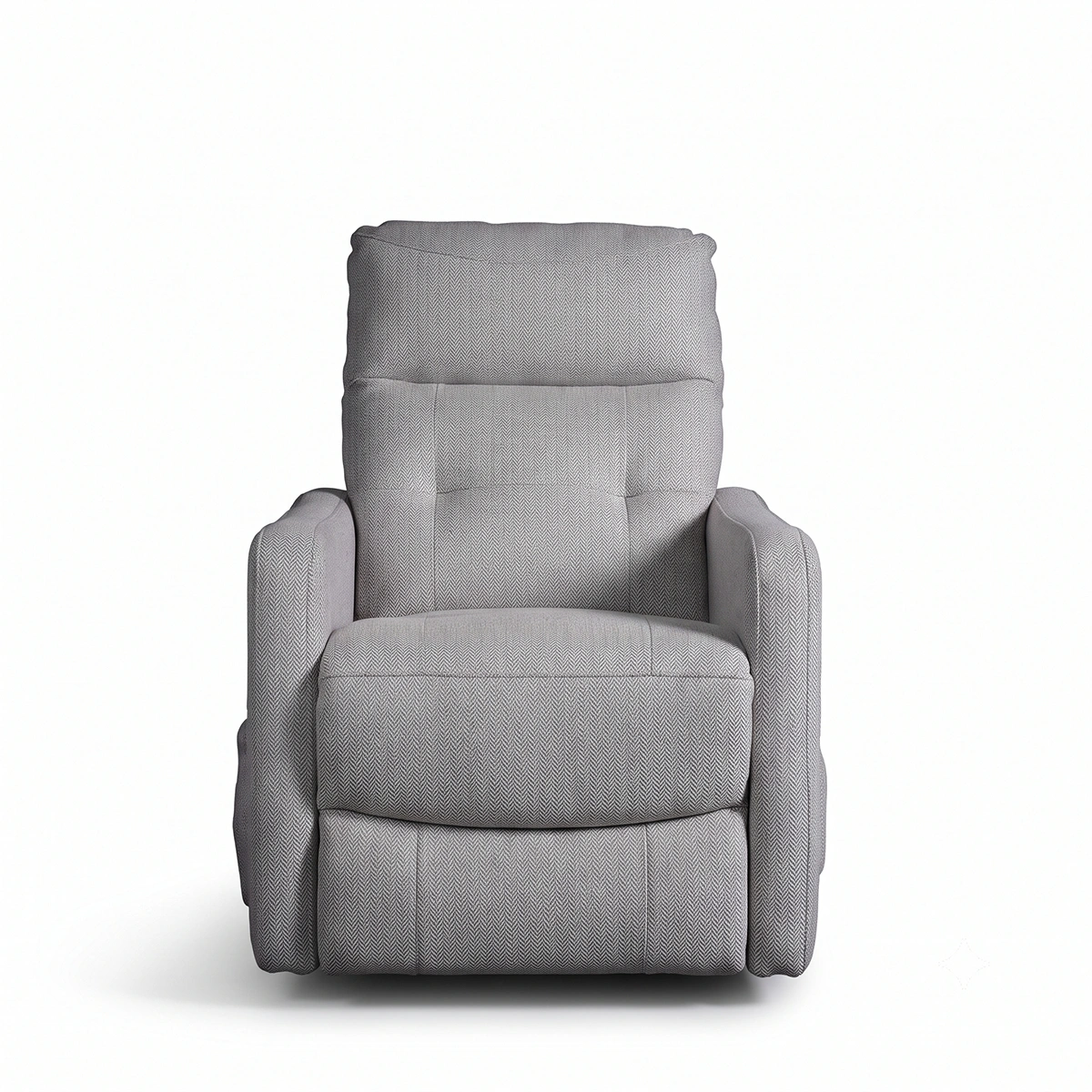 Kyoto 28-inch slim modern power recliner in light grey herringbone fabric, front view upright.