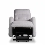 Kyoto light grey slim power recliner armchair with motorized footrest fully extended, front view.