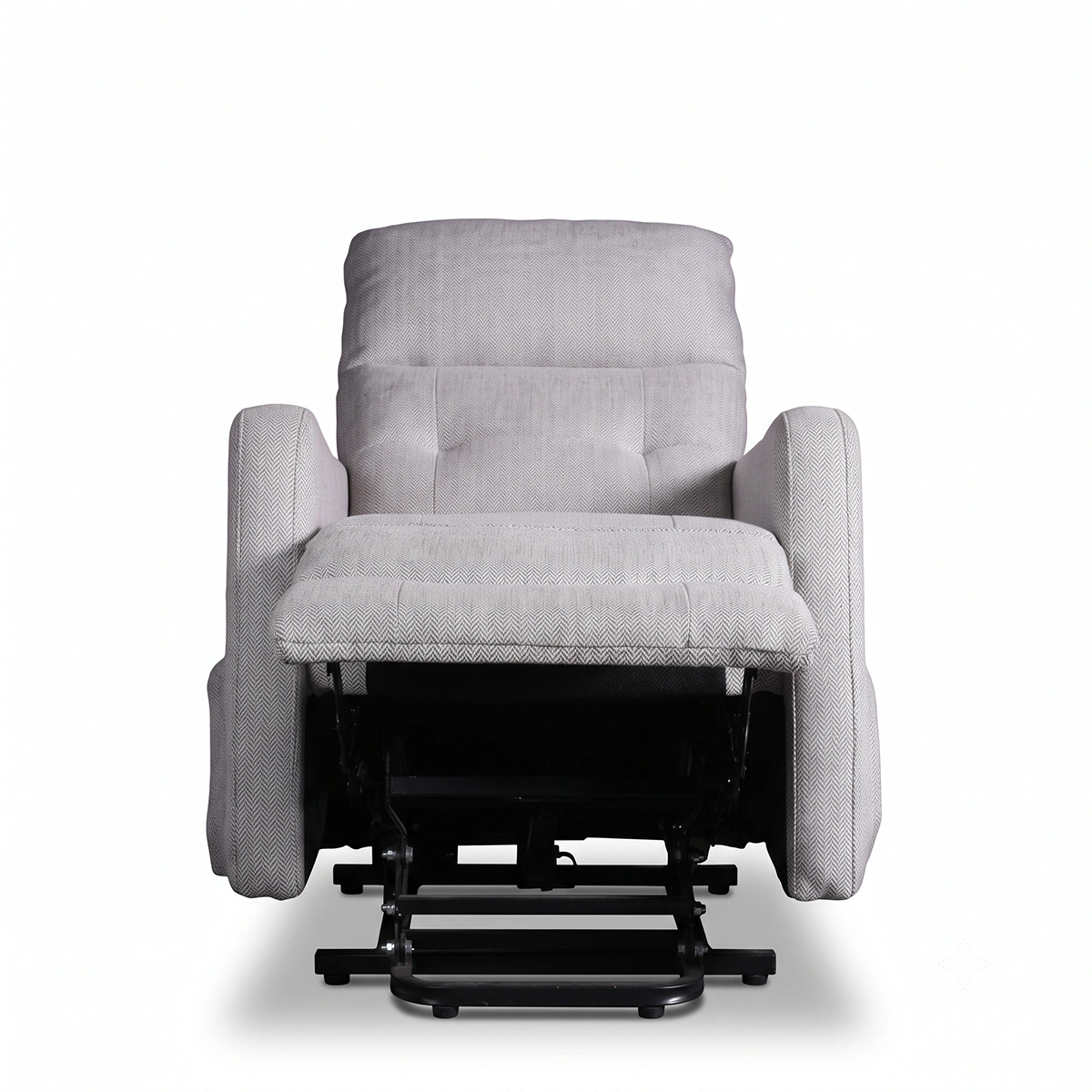 Kyoto light grey slim power recliner armchair with motorized footrest fully extended, front view.